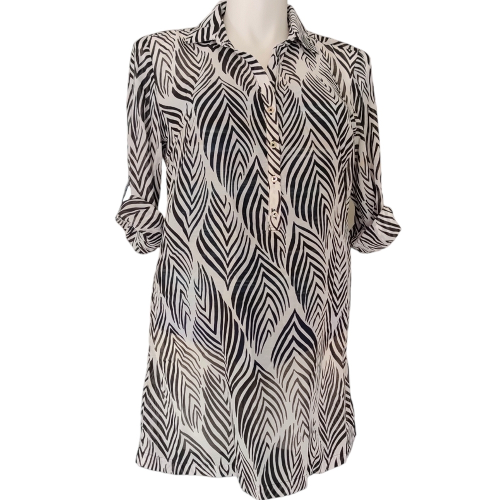 Talbot's White Black Loose Fit Roll Tab Sleeves Popover Tunic/Cover-up EUC sz M